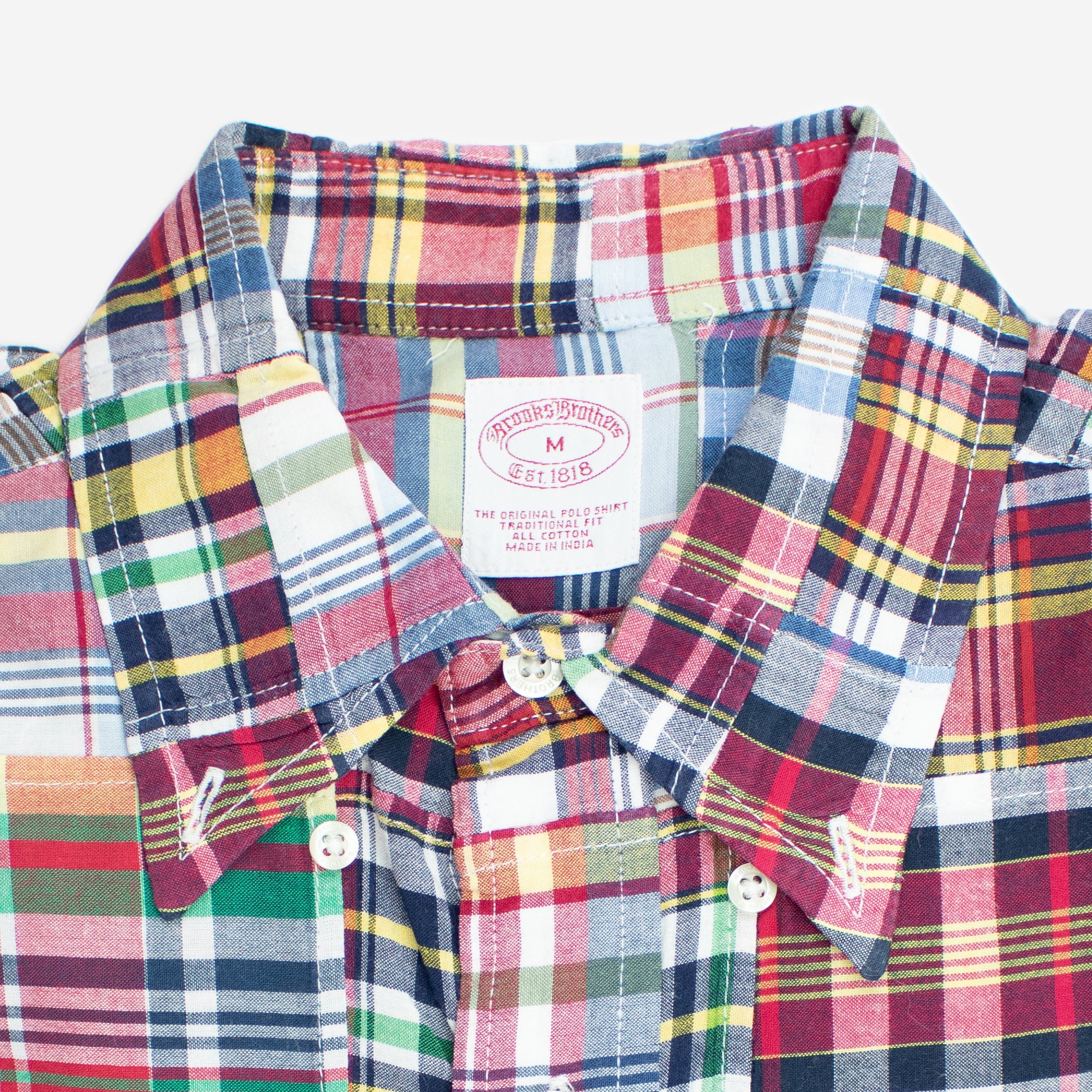 Vintage 100% Cotton Multi-Color Patchwork Madras Medium Short Sleeve Shirt Brooks Brothers | Finn and Buffy Garments and Goods Vintage 100% Cotton Multi-Color Patchwork Madras Medium Short Sleeve Shirt Brooks Brothers | Finn and Buffy Garments and Goods