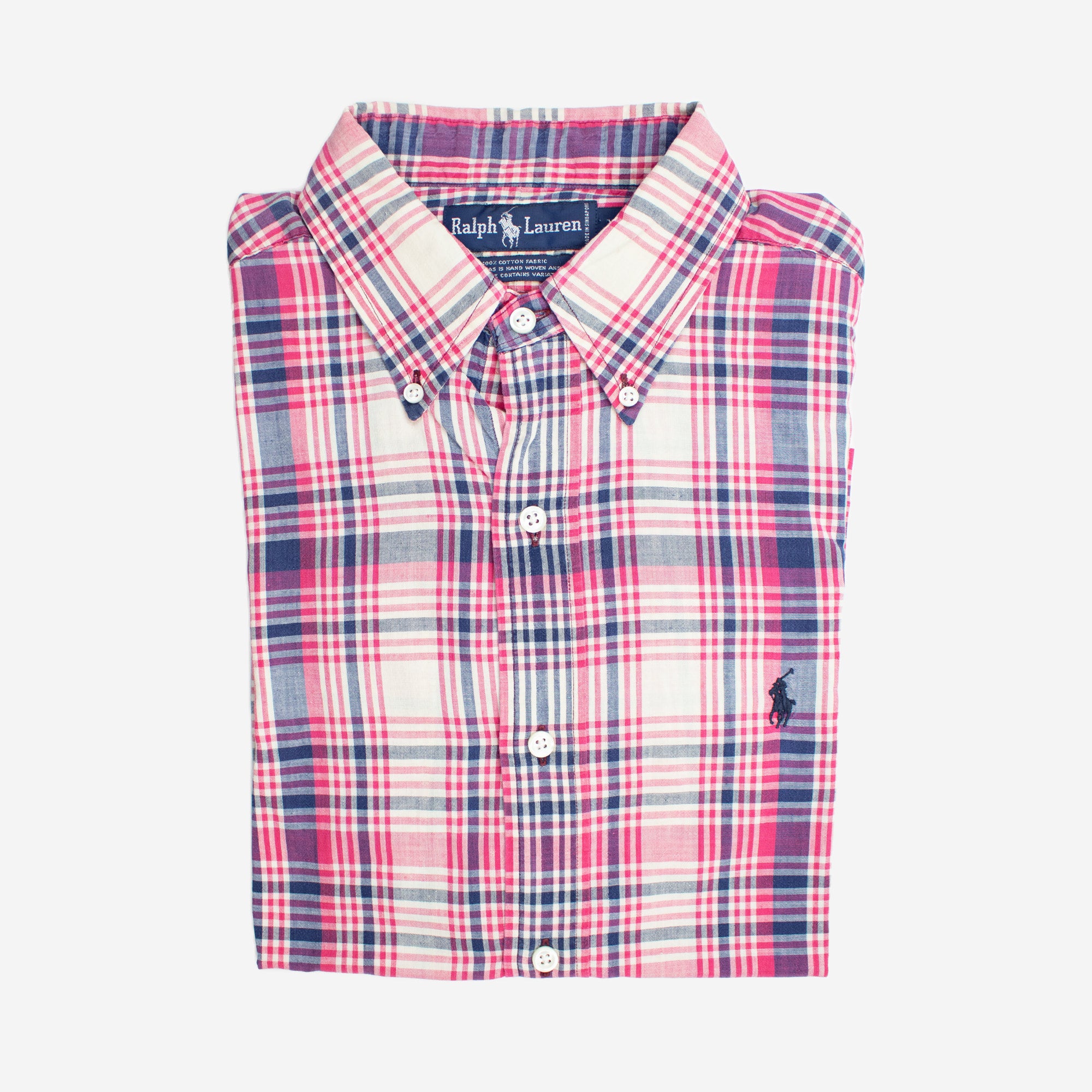 Vintage 100% Cotton Madras Pink Plaid Medium Long Sleeve Shirt 