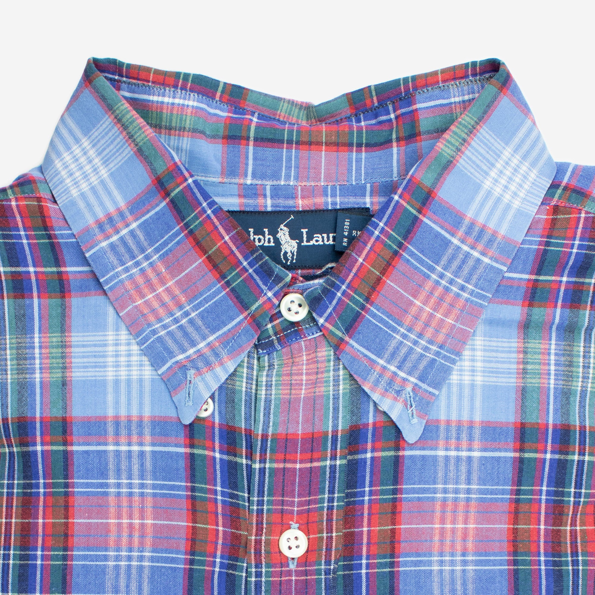Vintage 100 Cotton Sky Blue Red Green Plaid Extra Large Short Sleeve Shirt Ralph Lauren Finn and Buffy Garments and Goods