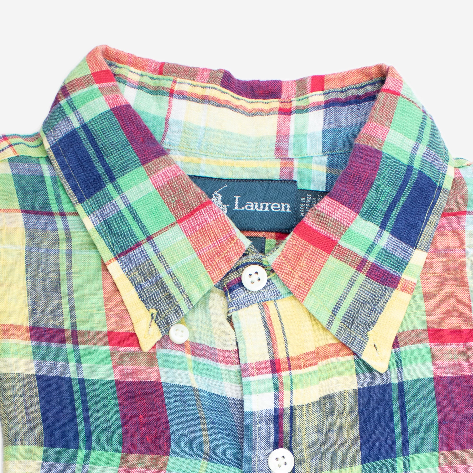 Vintage 100% Linen Multi-Color Plaid Large Long Sleeve Shirt