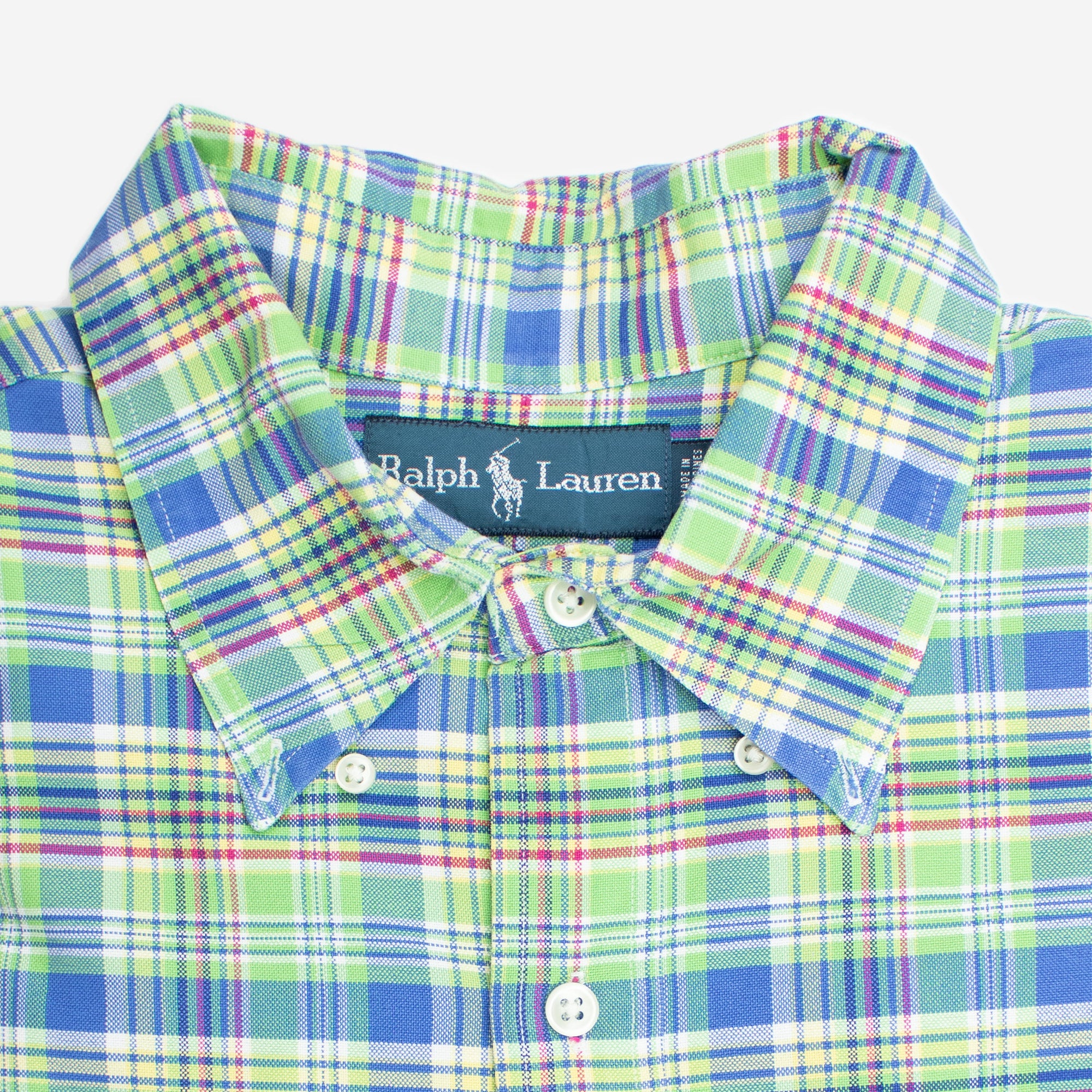Vintage 100 Oxford Cotton Lime Green Multi Color Plaid Large Long Sleeve Shirt Ralph Lauren Finn and Buffy Garments and Goods
